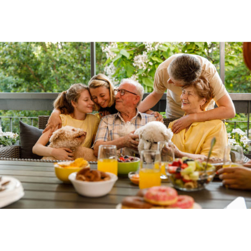An elder couple with their family and pets