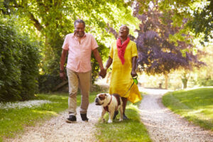 Senior Couple Walking With Pet Bulldog In Countryside as Pet Therapy