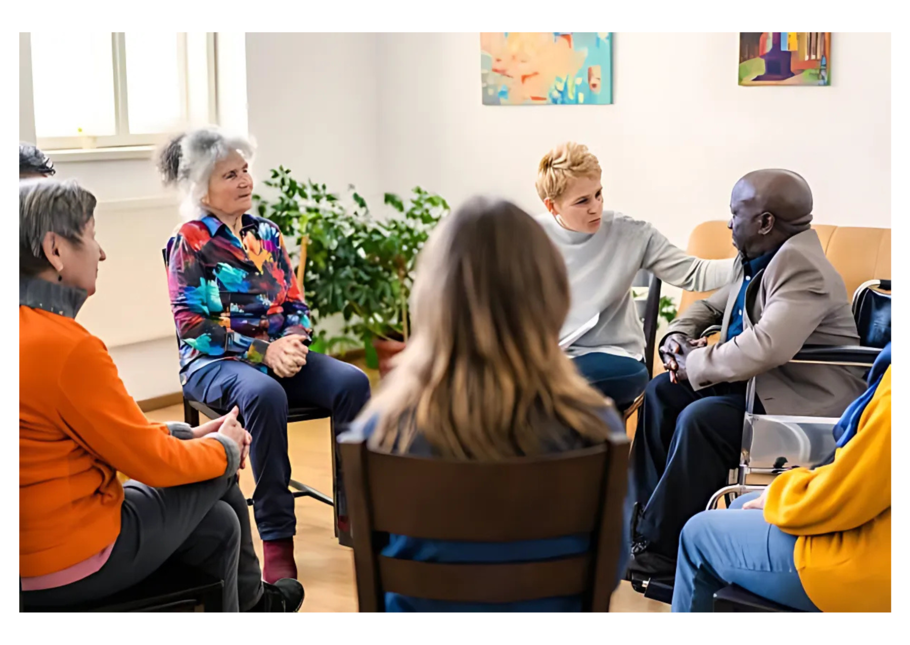 A group therapy session for seniors who has PTSD